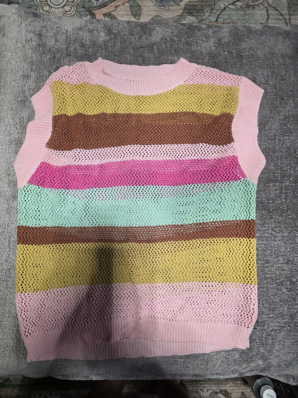 Retro Striped Crochet Knit Sweater Vest Size Small Pink Green Brown - Picture 2 of 3